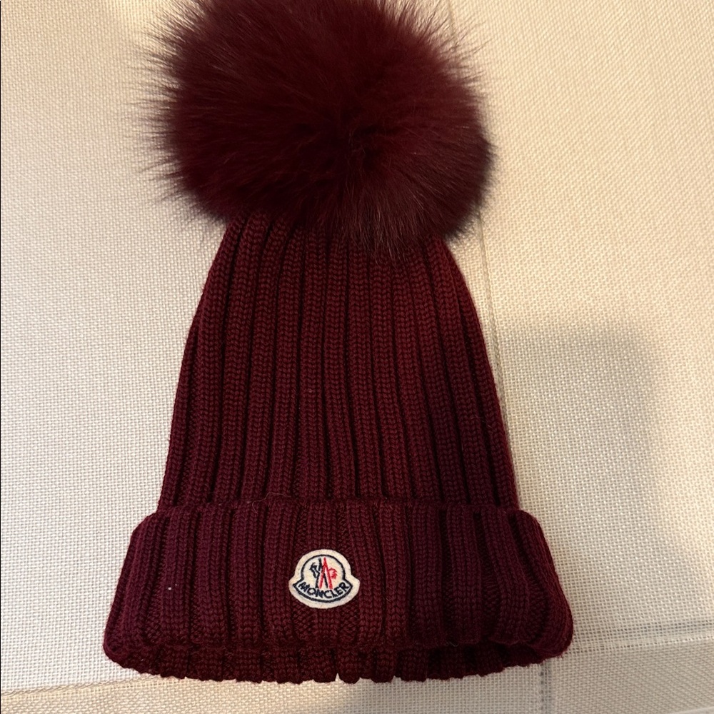 Moncler Deep Red Knit Beanie with Pom